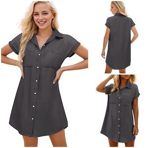 NWT Short Sleeve Button Down Distressed Denim Shirt Dress